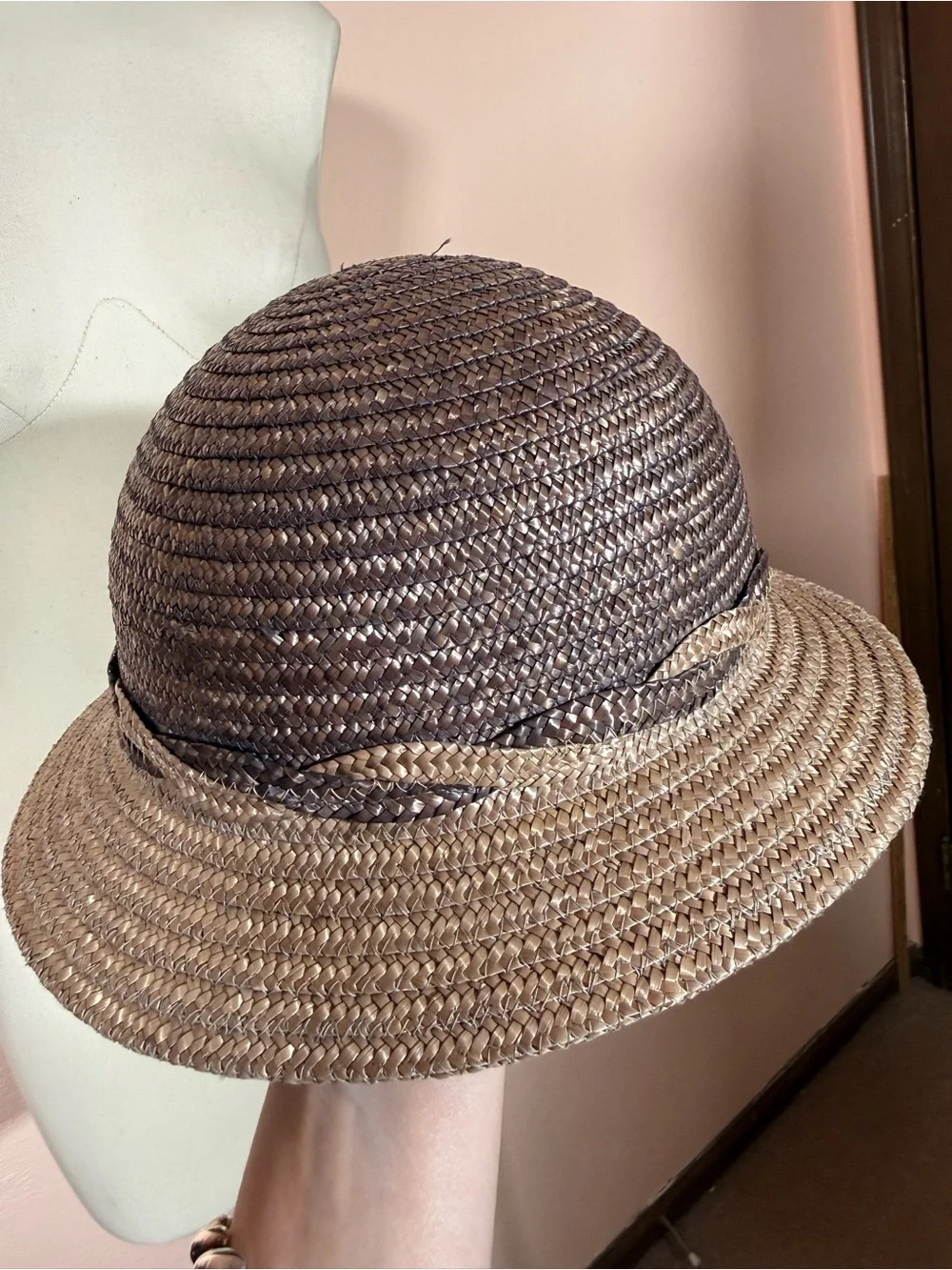 Vintage Italian Brandeis natural straw Grey tan Art deco short brim sun hat - Picture 3 of 17